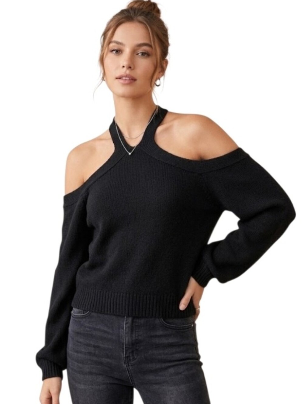 Steve Madden Black Cold-Shoulder Halter Knit Sweater